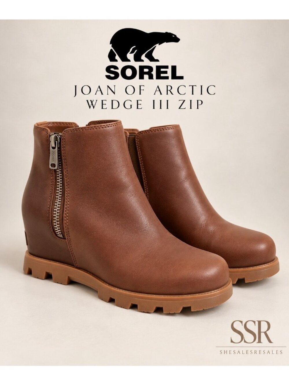Sorel Joan of Arctic Wedge III Zip Boots 9.5 Hazelnut Brown Leather NL4371-245